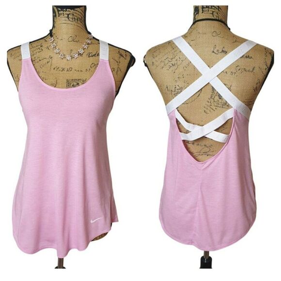 Nike Women's Pink Tank Top Sz M White Logo Straps Dri-Fit Athletic Workout Top - Picture 1 of 7